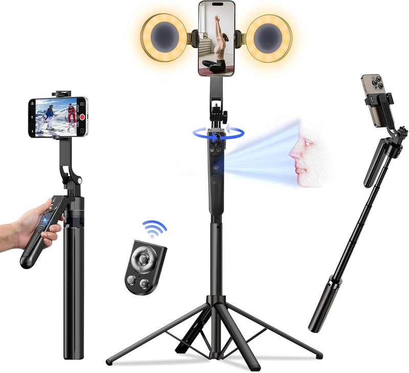 DMYWB Auto Face Tracking Selfie Stick Tripod for iPhone with Light 70.9" Phone Camera Tripod Stand 360 Rotation Follows Your Movement with Remote for Content Creator Vlog Live Stream Video Record - Image 1